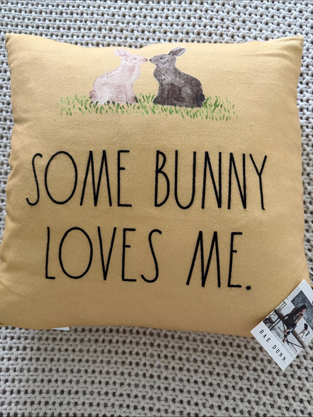 Rae Dunn Golden Yellow Pillow with Bunny Art and 'Some Bunny Loves Me' Text